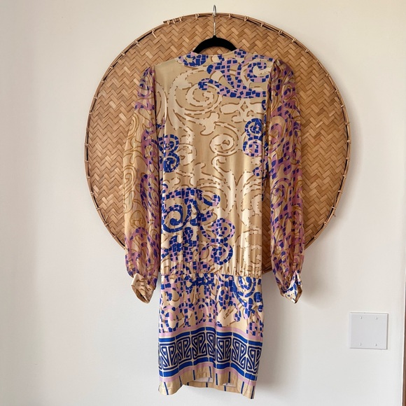 ANALILI 100% SILK  FAUX WRAP DRESS SHEER CUFF SLEEVES BOHO LAGEN-LOOK RESORTWEAR - Picture 7 of 12